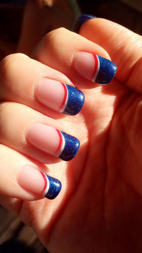 Fourth of July/patriotic gel nails with colored tips Red White And Blue Nail Tips, Red White And Blue French Tip Nails, Americana Nails, Usmc Nails, Red White Blue Nails, Colored Nail Tips, Patriotic Nails Design, American Nails, Patriotic Nails