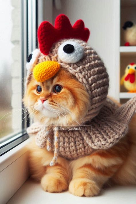 Crochet an adorable chicken-inspired costume for your cat. This charming outfit is perfect for adding some barnyard fun to your feline’s wardrobe! Crochet Cat Halloween Costume Free Pattern, Crochet Dog Costume Pattern, Cat Costume Crochet, Crochet Dog Costumes Halloween, Crochet Dog Costume Free Pattern, Cat Clothes Crochet, Costumes For Cats, Halloween Costume Patterns, Animal Clothes