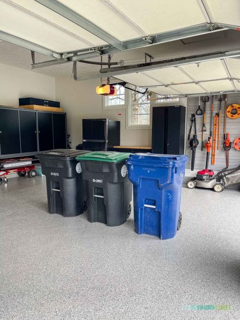 Garage Organization & Storage | Life On Virginia Street Carport Floor, Garbage Can Ideas, Recycling Bin Storage, Messy Garage, Garbage Can Storage, Garage Organization Storage, Overhead Storage Rack, Trash Can Covers, Garage Heater