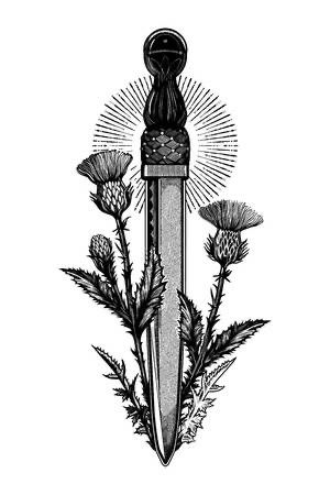 Thistle And Honeysuckle Tattoo, Scottish Dirk Tattoo, Scottish Knife Tattoo, Scottish Claymore Tattoo, Scottish Thistle Tattoo Black, Thistle Tattoo Black, Scottish Thistle Tattoo, Art Festival Poster, Scottish Thistle Botanical Illustration