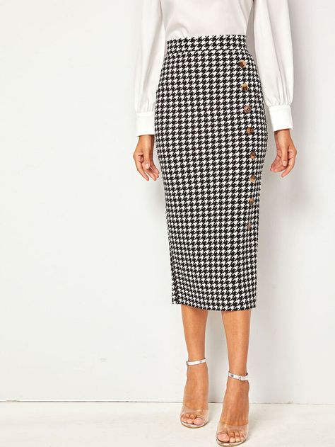 Wide Waistband Button Front Split Back Houndstooth Skirt | SHEIN USA Straight Skirt Outfits, Pencil Skirt Work, Pencil Skirt Casual, Houndstooth Pencil Skirt, Houndstooth Skirt, Rock Outfit, Fall Skirts, Skirt Women, Straight Skirt