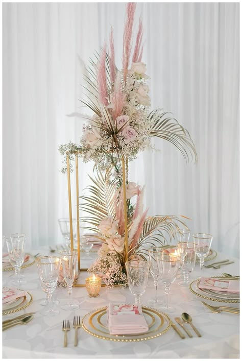 Blush And Gold Wedding Decor, Pink Boho Wedding, Grass Centerpiece, Boho Centerpiece, Gold Wedding Decor, Blush And Gold Wedding, Palm Wedding, Beach Wedding Centerpieces, Bedroom Reveal