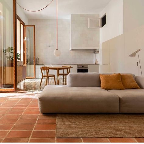 Terracotta Floor Living Room, Townhouse Interior, Spanish Style Home, Bohemian Modern, February 8, Bedroom Flooring, Modern Apartment, Floor Design, Interior Inspo