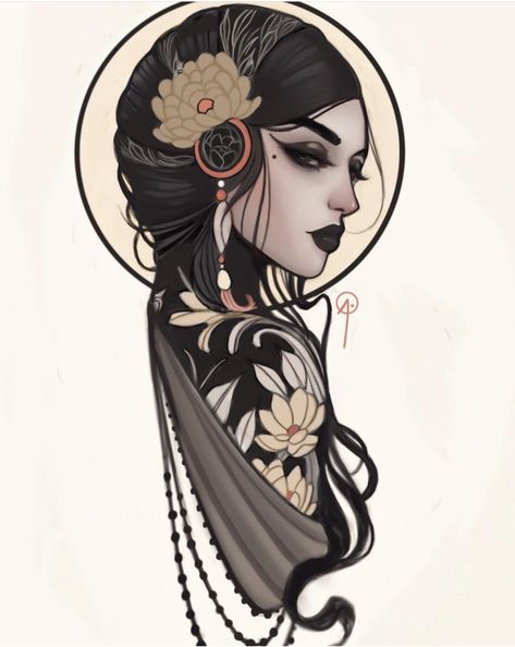 Dark Princess Tattoo Ideas, Neotrad Woman Face, Lady Face Tattoo Neotraditional, Neotraditional Tattoo Lady, Neotrad Lady Face, How To Draw Neo Traditional, Neotraditional Woman Face, Lady Face Tattoos, Neotraditional Lady Head