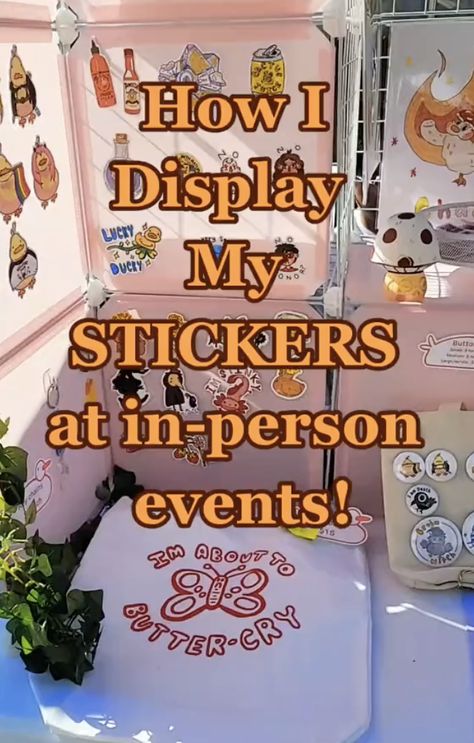 Pop Up Shop Sticker Display Ideas, Vendor Booth Sticker Display, Ways To Display Stickers For Sale, Craft Fair Sticker Display Ideas, Vendor Booth Display Ideas Stickers, Sticker Selling Display, Displaying Stickers For Sale, Sticker Display For Craft Show, Diy Sticker Display Ideas