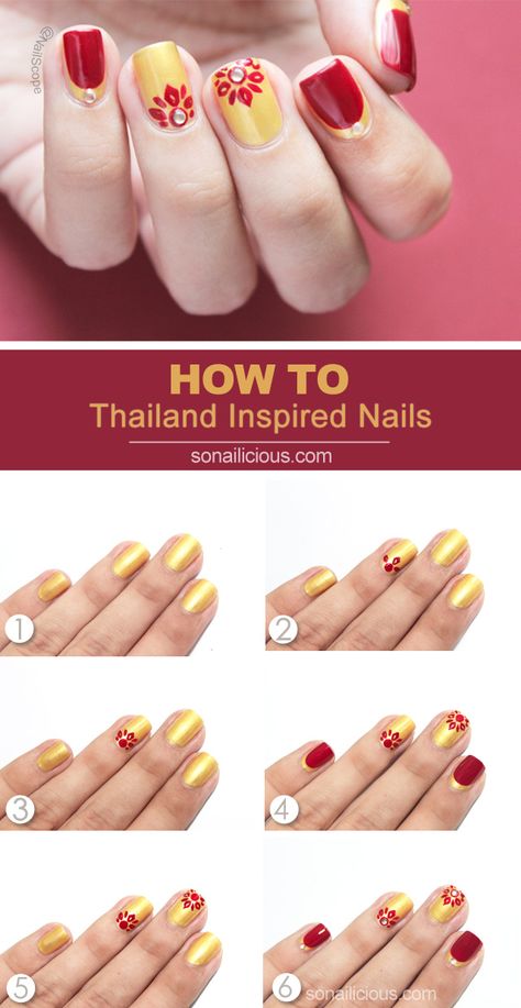 Anime Nail Art Step By Step, Thailand Nail Art, Thailand Nails Designs, Thai Nail Design, Thailand Inspired Nails, Ramen Nail Art, Thai Nails, Thailand Nails, Nail Art Tutorials