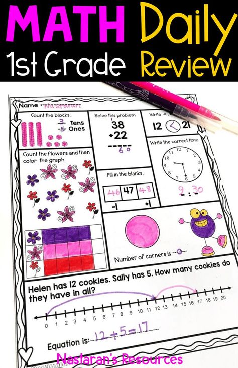 Daily math review 1st grade is perfect for Spiral Math Homework, Spiral Review Math Morning Work, Warm Ups, or even Math Center Activities. These no preparation worksheets are aligned with common core standards first grade!Fun for students and print and go for teachers.#firstgrade #mathcenters #classroom Math Spiral Review, Math Morning Work, Spiral Math, Spiral Review, Daily Math, Math Center Activities, Center Activities, Kids Math Worksheets, Math Homework