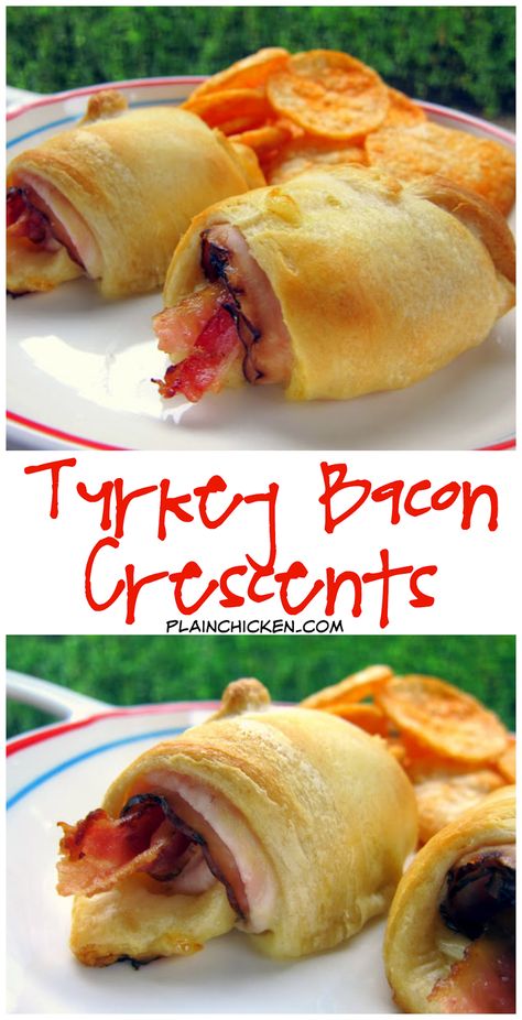 Turkey Bacon Crescents recipe - super quick hot sandwiches - only 5 ingredients - SO good! Quick weeknight meal that is ready in 15 minutes. SOOO much better than an ordinary cold cut sandwich. Pillsbury Desserts, Turkey Bacon Recipes, Plain Chicken Recipe, Ideas For Appetizers, Hot Sandwiches, Rolled Sandwiches, Cold Cut, Crescent Recipes, Leftover Turkey Recipes