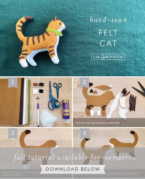 Stuffed Felt Cat Pattern, Felt Cats Diy, Sewing With Felt Projects, Sewing Crafts Patterns, Small Felt Animals Free Pattern, How To Sew A Cat, Lia Griffith Felt Animals, Felt Cat Pattern Free, Cat Pattern Sewing