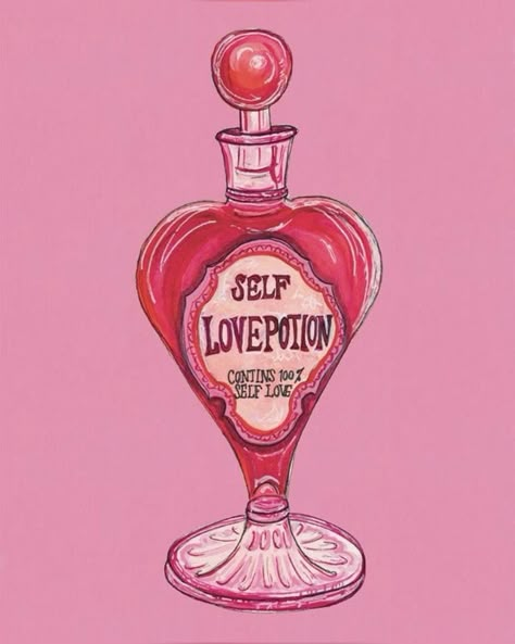 #selflove #potion Vintage Love Stickers, Love Potion Aesthetic, Love Potion Drawing, Potion Art, Hot Pink Aesthetic, Love Potion, Pinturas Disney, Potion Bottle, Watercolor Texture