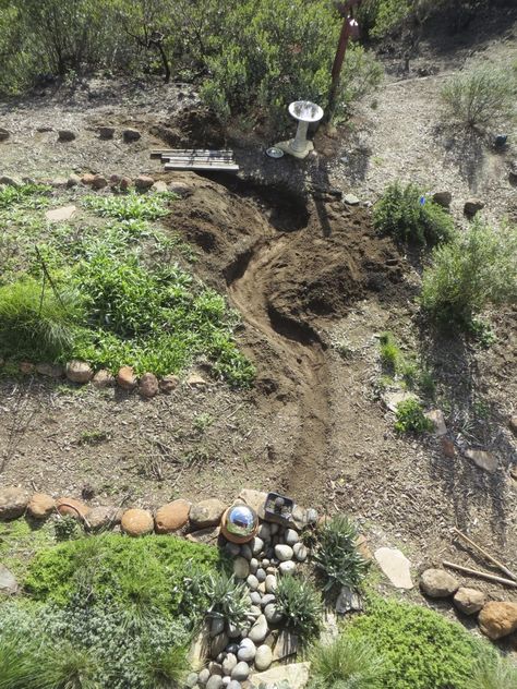 Dry Bed Stream, Dry Creek Bed On Steep Slope, Dry Creek Bed Sloped Yard, Dry Creek Design, Dry Creek Bridge, Dry Creek Bed For Drainage Slope, Dry Stream Bed Drainage, Creek Landscaping Natural, Diy Dry Creek Bed For Drainage