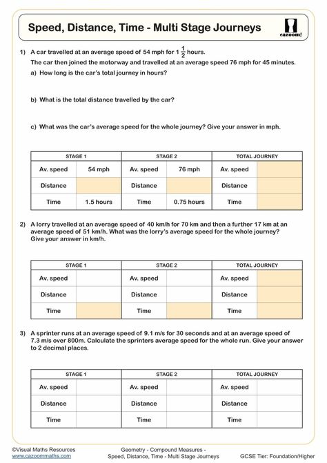 Speed, Distance, Time - Multi Stage Journeys Worksheet | Printable PDF Year 9, Year 10 and Year 11 Geometry Worksheet Year 9 Maths Worksheets, Ks3 Maths Worksheets, Year 8 Maths Worksheets, Ks1 Maths Worksheets, Year 6 Maths Worksheets, Year 5 Maths Worksheets, Year 7 Maths Worksheets, Year 4 Maths Worksheets, Year 7 Maths