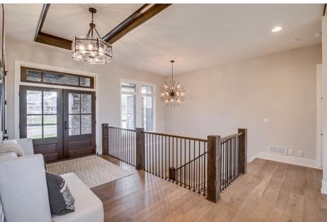 Open Stair Railing To Basement, Entry With Stairs To Basement, Entryway With Stairs To Basement, Stairs To Basement In Entryway, Stairs To Basement In Living Room, Open Staircase Ideas Living Room, Open Stairs To Basement, Open Stairs In Living Room, Foyer With Stairs