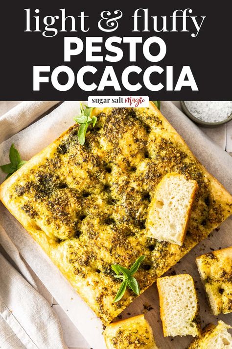 This pesto focaccia is fluffy, with a golden crust and flavour-packed! It's an easy no knead focaccia bread recipe, topped with basil pesto and parmesan. Pesto focaccia - it tastes incredible and it's very easy to make. You'll love this homemade focaccia bread recipe, this one topped with pesto and parmesan. It has a golden crispy crust on the top and bottom and the inside is so perfectly soft yet chewy, just as it should be. And the flavour, amazing! Pesto Focaccia Bread, Pesto Foccacia, Pesto Focaccia, Focaccia Recipes, Recipe With Basil, No Knead Focaccia, Easy Focaccia Bread Recipe, Homemade Focaccia Bread, Homemade Focaccia