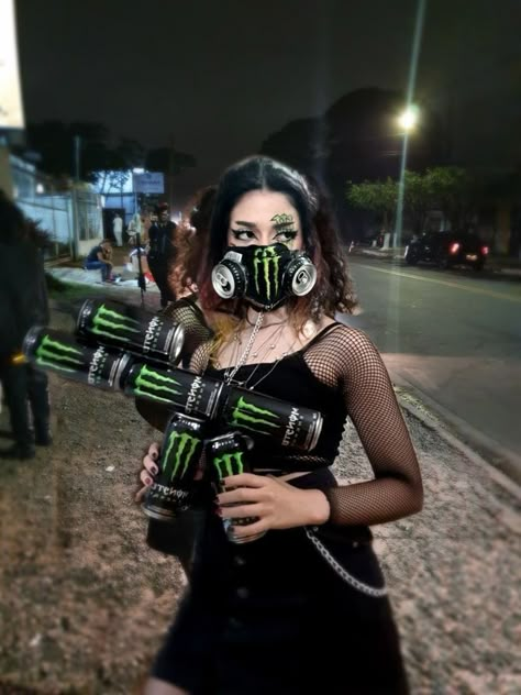 Monster Can Halloween Costume, Monster Energy Halloween Costume, Monsters Cans Ideas, Monster Energy Costume, Monster Energy Mask, Things To Do With Monster Cans, Monster Can Ideas, Monster Halloween Costumes, Monster Energy Girl