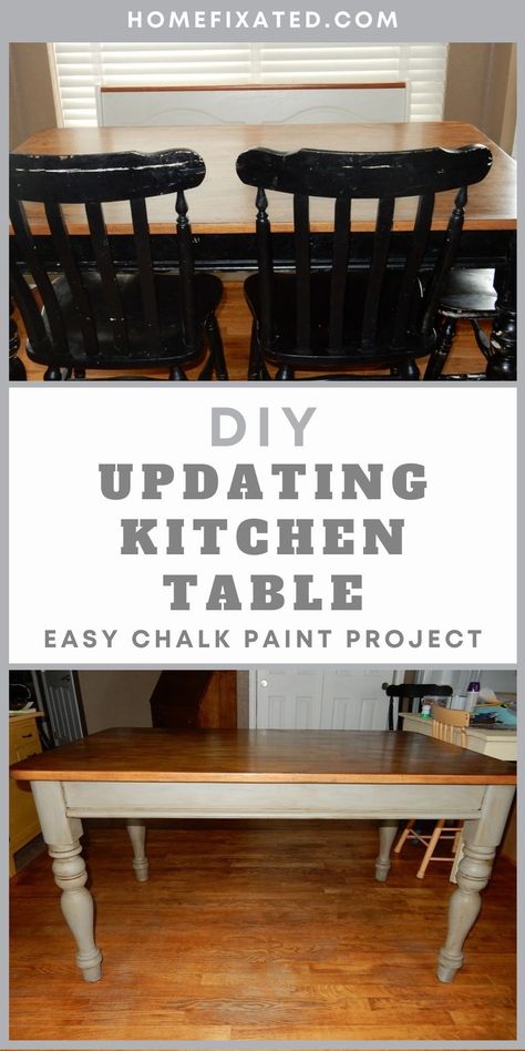 Need a quick and inexpensive way to DIY and update your kitchen table? Use chalk paint! Learn how to DIY this easy home improvement project and give your dining table a little update. Dining Room Table Flip Diy, Repaint Dining Table Diy Wood, Chalkboard Paint Dining Room Table, Chalk Pain Dining Table, Referb Kitchen Table, 80s Dining Room, Refinish Table, Chalk Paint Kitchen Table, Chalk Paint Table