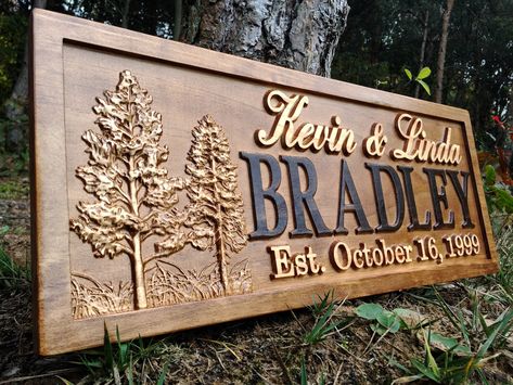 Custom Last Name Sign with Trees Hunting Lodge Decor, Woodworking Plans Patterns, Wooden Carved Signs, Wooden Signs Diy, Cabin Signs, Tree House Decor, Personalized Wood Signs, Wood Wedding Signs, Woodworking Projects For Kids