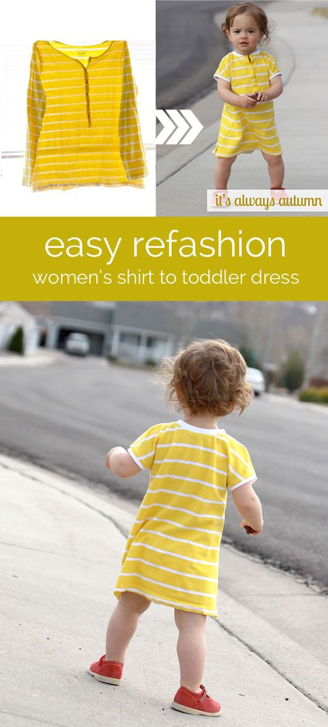 #refashion an old or unworn women's tee into an adorable dress for a baby/toddler girl with this #easy #sewing tutorial. #upcycle Diy Clothes For Women, Clothes Upcycle, Diy Clothes Refashion, Sew Baby, Diy Clothes Videos, Sewing For Baby, Sewing Projects Clothes, Sewing Clothes Women, Trendy Sewing