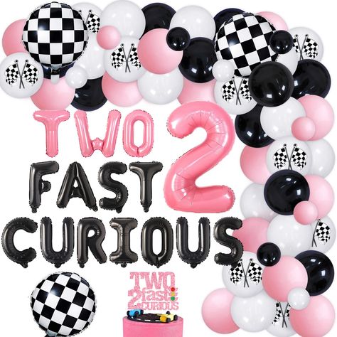 PRICES MAY VARY. Pink Racing Car 2nd Birthday Party Set: This set includes 90 pcs, which are 50* Latex balloons 12 inch, 15* Latex balloons 5inch, 1* Pink number, 2 foil balloon, 1* TWO FAST CURIOUS foil balloon, 3* Round Plaid foil balloons, 1* Cake topper, and we will also give you some assembly tools to help you create a perfect pink racing car birthday party. Two Fast Curious Set: Let's have a fast and furious competition! Car theme party can let you feel a whirlwind experience! Racing is no Simple 2nd Birthday Party For Girl At Home, Growing Up Two Fast Birthday Girl, Two Year Old Birthday Party Themes, 2 Year Birthday Theme Girl, Two Year Old Birthday Party Girl, Pink Racing Car, Car 2nd Birthday Party, Fast And Furious Birthday, 2nd Birthday Party Decorations