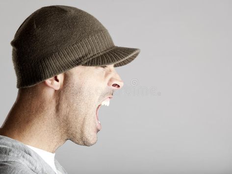 Yelling. Profile portrait of a young man yelling, isolated on a gray background #Sponsored , #AD, #PAID, #portrait, #Yelling, #gray, #young Side Profile Yelling, Yelling Pose Reference, Yelling Reference, Yelling Drawing, Man Yelling, Head Reference, Profile Portrait, Male Profile, Guy Talk