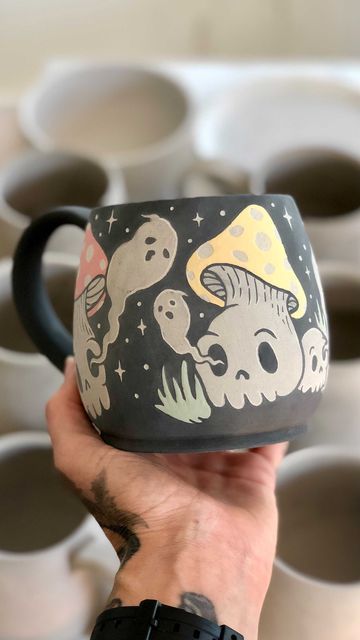 Halloween Cup Painting Ideas, Pottery Painting Halloween Ideas, Ceramic Ghost Painting Ideas, Gothic Pottery Painting, Pottery Painting Ideas Goth, Mug Underglaze Ideas, Halloween Ceramic Painting, Witchy Pottery Painting, Spooky Pottery Painting