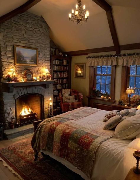 Bedroom With Fireplace, Barndominium Interior, Cabin Bedroom, Cabin Interiors, Cottage Bedroom, Barn Homes, Cottage Interiors, Dreamy Bedrooms, Dream House Interior