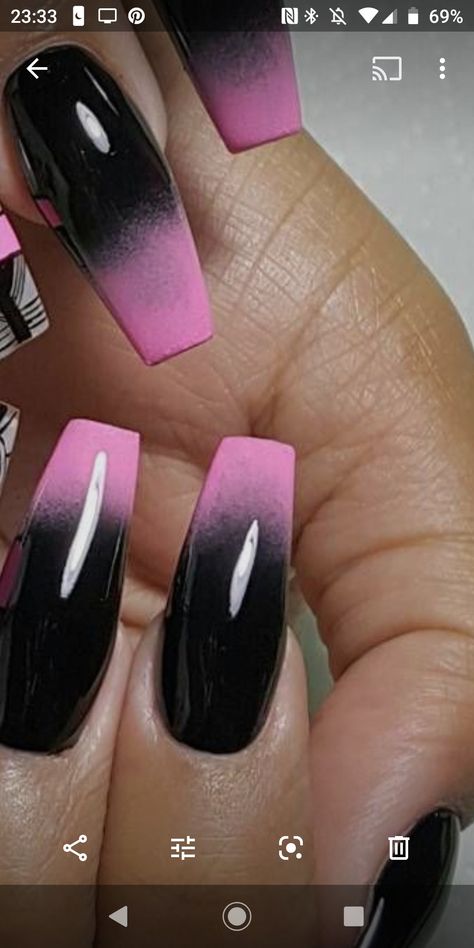 Matte Black Nails Ombre, Dark Ombre Nails Coffin, Light Pink And Black Ombre Nails, Ombre Pink And Black Nails, Hot Pink And Black Acrylic Nails Designs, Hot Pink And Black Ombre Nails, Black And Pink Ombré Nails, Black And Dark Pink Nails, Black And Pink Dip Nails