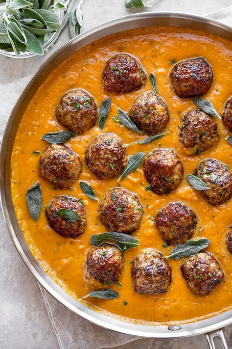 Ground Turkey And Pumpkin Recipes, Butternut Squash Meatballs, Turkey Sage Meatballs, Fall Turkey Meatballs, Thanksgiving Recipes Pumpkin, Fall Meatball Recipes, Ground Turkey Fall Recipes, Autumn Meatballs, Fall Ground Turkey Recipes