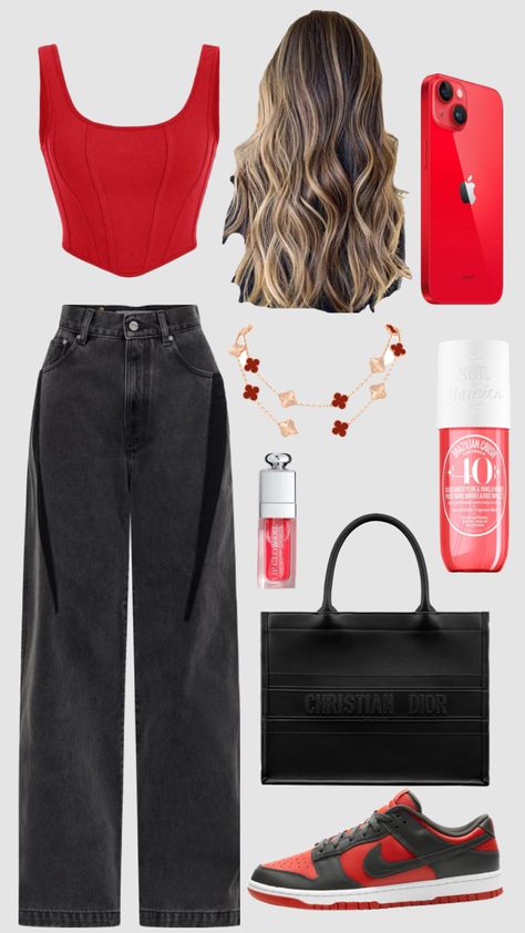 Red fitttt #red #fit #plsfollowmee Black Outfit Aesthetic, Red And Black Outfit, Red And Black Outfits, Y2k Casual, Aesthetic Y2k, Outfit Aesthetic, Outfits Aesthetic, Black Outfit, Bright Red