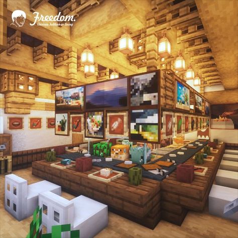 Minecraft Ball Room Ideas, Restaurant Interior Minecraft, Minecraft Hotel Interior Ideas, Minecraft Sushi Bar, Minecraft Sushi Restaurant, Minecraft Music Room, Minecraft Bar Ideas, Minecraft Restaurant Interior, Minecraft Market Ideas