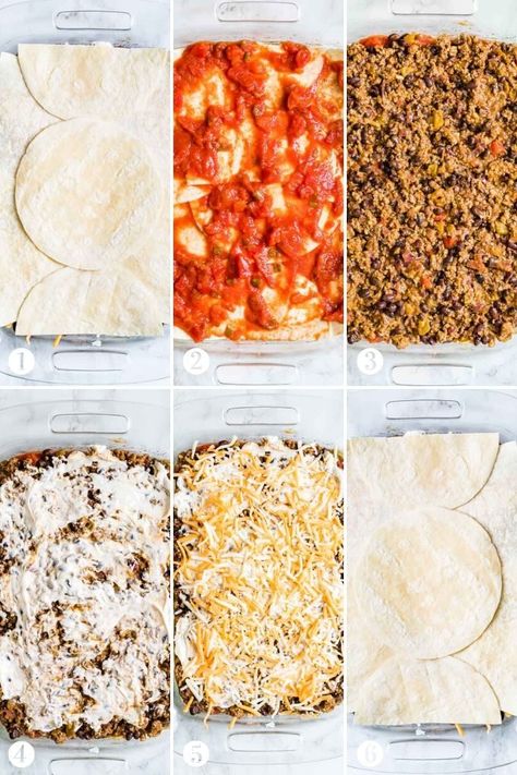 Taco Bake With Soft Tortillas, Taco Casserole To Freeze, Burrito Lasagna With Tortillas, Taco Meat With Cream Cheese, Chicken Taco Lasagna Recipe, Easy Tex Mex Casserole, Taco Lasagna Bake, Dinners With Taco Meat, Taco Lasagna With Tortillas Easy