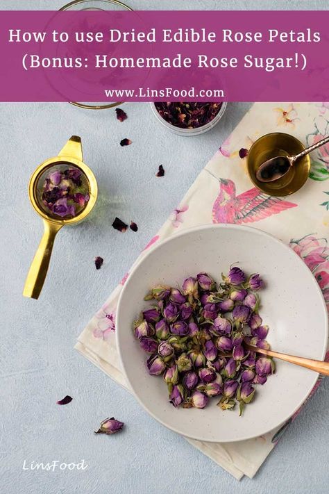 Find out how to use dried edible rose petals and rose buds in your kitchen PLUS bonus EASY DIY rose sugar recipe! Flower Recipes, Edible Rose Petals, Persian Rice, Baking Techniques, Edible Flowers Recipes, Edible Roses, Semolina Cake, Middle Eastern Desserts, Fantastic Recipes