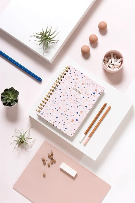 Micush Lifestyle Design... | love print studio blog Terrazzo Crafts, Pink Terrazzo, Flatlay Photography, Product Photoshoot, Golden Spiral, Desk Styling, Card Inspo, Product Styling, Stationary Paper