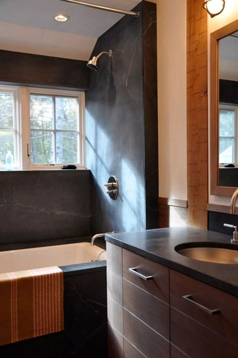 Soapstone Sink Bathroom, Soapstone Shower Walls, Soapstone Bathroom, Brooke Giannetti, Kitchen Decor Styles, Bathroom Makeovers, Soapstone Countertops, Laundry Ideas, Countertop Surfaces