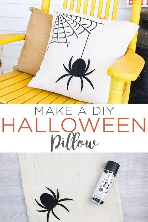 Learn how to make a DIY Halloween pillow with fabric spray paint and your Cricut machine! This easy spider pillow will look great on your porch this fall! #halloween #fall #cricut #cricutcreated #cricutmade #spider #pillow Diy Halloween Pillow, Cricut Fabric, Spider Pillow, Fall Cricut, Fabric Spray Paint, Halloween Wood Signs, Halloween Sewing, Halloween Pillow, Country Chic Cottage