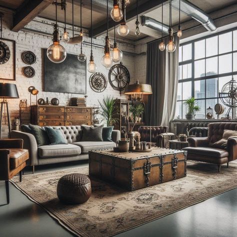 Modern Industrial Living Room Industrial Basement Remodel, Blue Industrial Living Room, Industrial Boho Interior Design, Dark Industrial Living Room, Rustic Luxury Bedroom, Steampunk Living Room Ideas, Industrial Rustic Interior Design, Modern Industrial Living Room Ideas, Industrial Boho Living Room