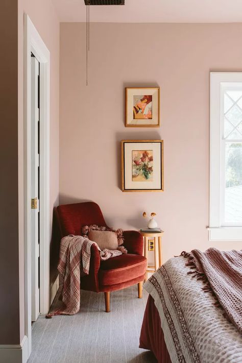 Pale Pink Master Bed, Subtle Pink Walls, Sulking Pink Bedroom, Pink And Brown Aesthetic Room, Plaster Pink Bedroom, Bedroom Beadboard Walls, Light Pink Bedroom Walls, Pale Pink Walls, Owners Bedroom