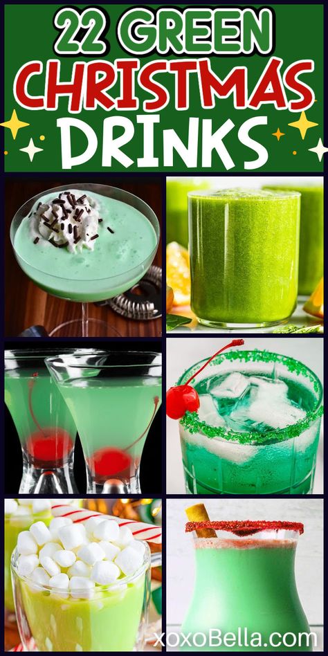 Green drinks for Christmas The Grinch Cocktail Recipe, Fun Holiday Drinks, Grinch Drink, Holiday Party Drinks, Christmas Party Drinks, Holiday Hot Chocolate, Peppermint White, Healthy Green Smoothies, Themed Drinks