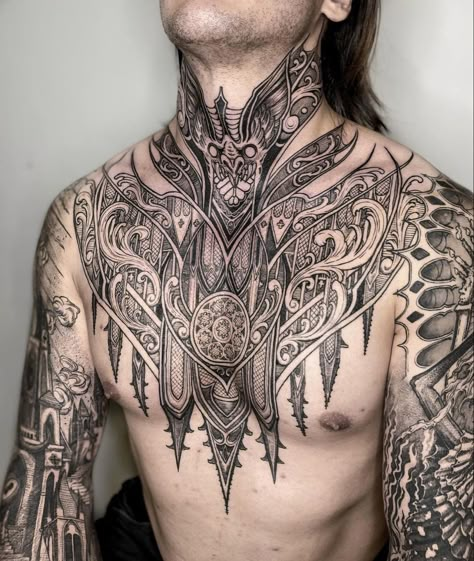 Ornamental Chest Tattoo Men, Cathedral Chest Tattoo, Geometric Chest Tattoo, Throat Tattoo Men, Geometric Throat Tattoo, Full Chest Tattoos, Artsy Tattoos, Throat Tattoo, Goth Tattoo