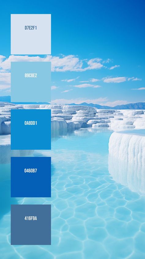 Colors: D7E2F1 ° 89C8E2 ° 0A8DD1 ° 0460B7 ° 416F9A Terraced Landscape, Blue Color Pallet, Blue Pallets, Christmas Color Palette, Ice Blue Color, Hex Color Palette, Barn Quilt Designs, White Landscape, Color Schemes Colour Palettes