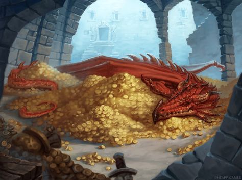 Dragon And Treasure, Dragon With Treasure, Dragon Lair Concept Art, Dragon Treasure Hoard, Dragon Treasure, Smaug Dragon, Alexander Yakovlev, Dragon Lair, Dragon Hoard