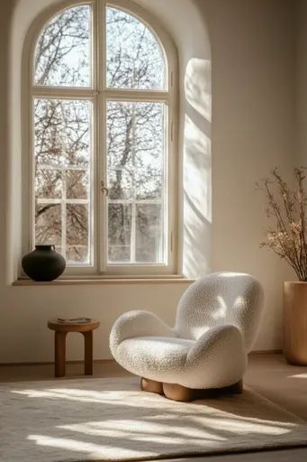 ↑↑↑ Larger size on website 🔸 A white, fluffy armchair sits on a beige rug in a sunlit room. The room has a large arched window, l Sunlit Room, Big Fluffy Chair, White Fluffy Chair For Desk, Big White Fluffy Rug, White Fluffy Armchair, White Fuzzy Accent Chair, Wooden Side Table, White Chair, Arched Windows