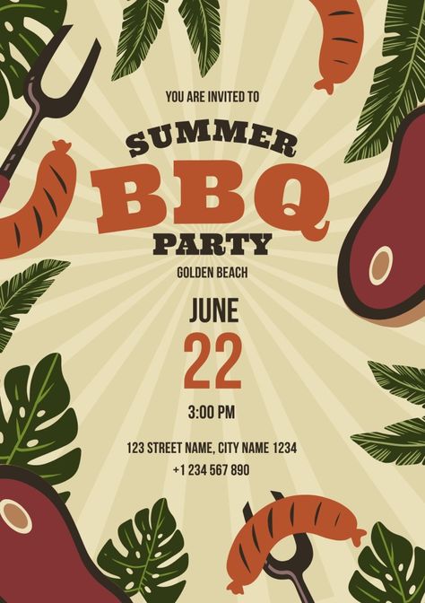 Hand-drawn Summer BBQ Party Beach Bar Invitation Bar Invitation, Golden Beach, Beach Bar, Brunch Ideas, Bbq Party, Free Summer, Summer Bbq, Beach Bars, Beach Party