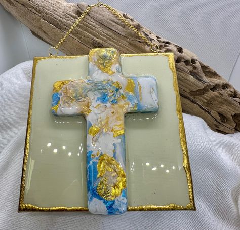 Cross canvas ornament/hanger made out of dough, paint, and resin.  It's size  is 4x4 Cross Art Painting, Ornament Hanger, Painting Canvases, Cross Art, Making Out, Ornament Decor, Dough, Abstract Art, Seasonal Decor