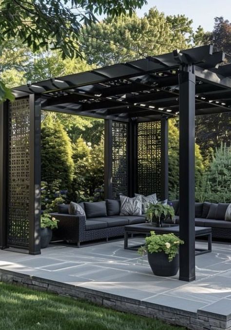 Unique Pergola Designs, Black Pergola Ideas, Modern Gazebo Design Outdoor, Terrace Pergola Design, Outside Pergola, Pergola Modern, Modern Pergola Designs, Black Pergola, Modern Gazebo