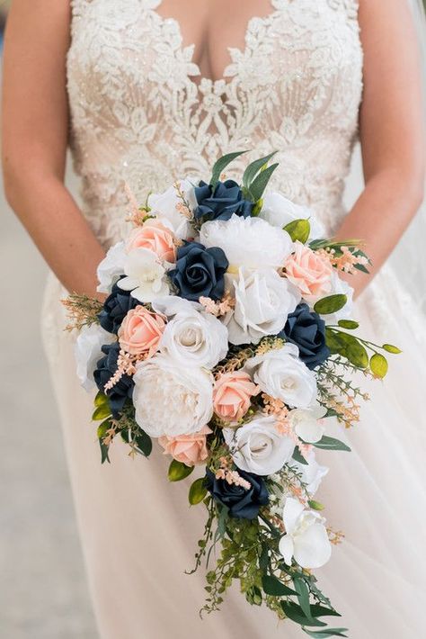 Navy Blue and Peach Wedding Flowers | REAL BRIDES using our wedding flower bouquets - perfect flowers to go with any elegant beach theme wedding Navy Blue And Peach Wedding Bouquets, Navy And Pastel Peach Wedding, Desert Coral And Navy Blue Wedding, Dark Blue And Peach Wedding, Navy Blue And Salmon Wedding, Navy Blue And Peach Wedding Theme, Peach And Navy Blue Wedding, Navy And Peach Wedding, Navy Peach Wedding