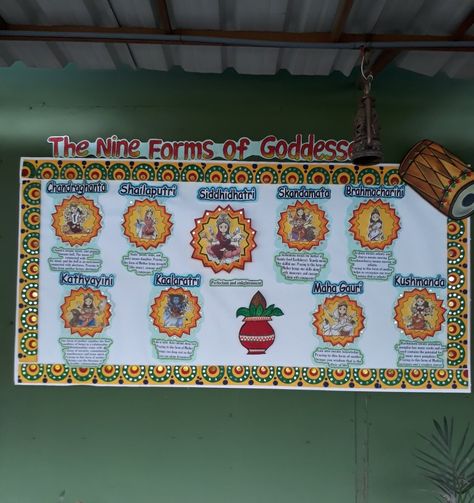 Navratri Bulletin Board'17 Navratri Decoration At School, Durga Puja Bulletin Board Ideas, Durga Puja Board Decoration, Festival Bulletin Board Ideas, Navratri Chart Ideas For School, Navratri Display Board Decoration, Dusshera Bulletin Board Ideas, Navratri Board Decoration Ideas, Navratri Chart For School