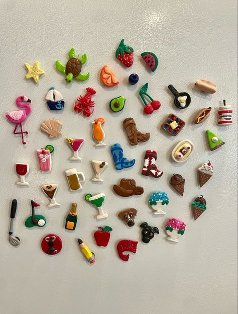 handcrafted magnet creations! Clay Bake Crafts, Fall Clay Magnets Diy, Diy Cute Magnets, Coffee Clay Magnet, Cherry Clay Magnet, Clay Mom Gifts, Air Dry Clay Magnets Food, Lemon Clay Magnet, Clay Crafts Gift Ideas