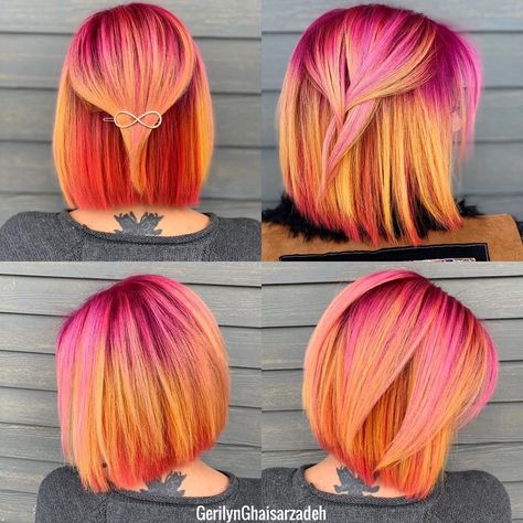 Short Sunset Hair, Pink Rainbow Hair, Sunset Hair Color Short, Fantasy Hair Color Short, Sunrise Hair, Sunset Hair Color, Pink And Orange Hair, Fantasy Hair Color, Sunset Hair