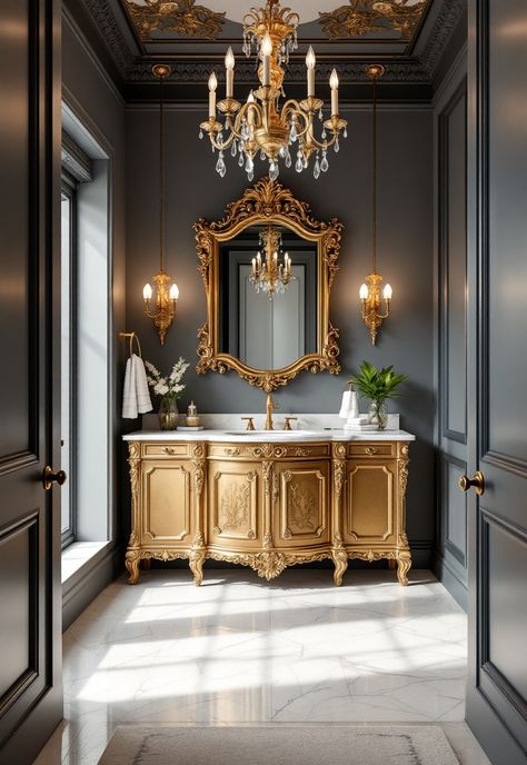 Vintage Modern Bathroom Vintage Glamour Bathroom, French Bathroom Decor Vintage, Baroque Theatre, Glamour Bathroom, Vintage Modern Bathroom, French Bathroom Decor, Parisian Modern, Contemporary Victorian, Modern Bathroom Ideas